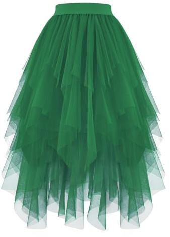 JASGOOD Women's Tulle Skirt High Low Layered Irregular Ladies Elastic Waist A-Line Midi Ballet Skirt for Prom Party Daily, Green, M