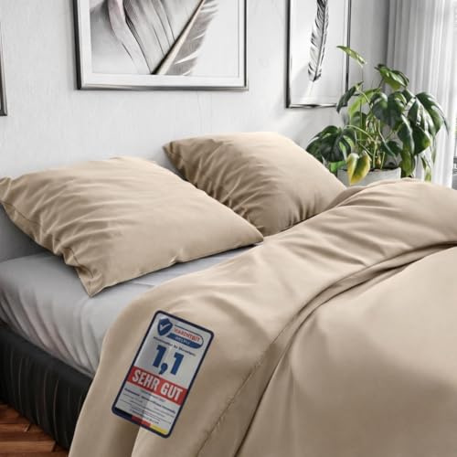 Wolkenfeld Bettwäsche 220x240 Baumwolle – Set mit 2X Kissenbezug 80x80 – Atmungsaktiv, Hautfreundlich & Pflegeleicht – Ganzjahres-Bettwäsche mit Reißverschluss, Oeko-TEX – Beige