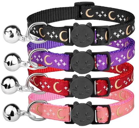 Katzenhalsband mit Mond & Sternen, Schnellverschluss für Sicherheit, inklusive Glocke für Klang, langlebig & stilvoll für Katzen & Kätzchen, Bequeme Passform
