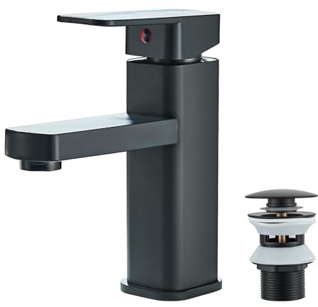 JUNSOTTOR Black Square Basin Mixer Tap with Pop Up Waste, Monobloc Single Lever Waterfall Bathroom Sink Tap, Modern Mixer Tap with UK Standard Hoses & Slotted Waste, 1 Hole G1/2