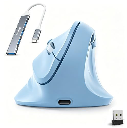 Wowssyo ergonómico Ratón Vertical con Pantalla, 3 Modos [Bluetooth 5.3, 2.4GHz, con Cable], inalámbrico Recargable, 800/1200/1600/2400/4800 dpi, PC/Mac - Azul