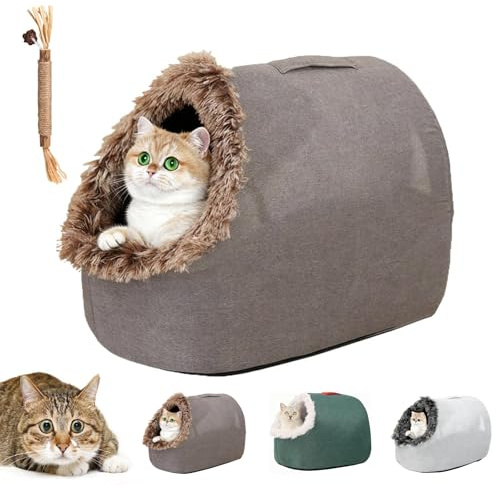 Winter Warmes Haustierhöhlenbett, Kuschelige Katzenhöhle für Kleine Hunde & Katzen, Weiches Höhlenartiges Design, 360°-Fleece für Wärme mit Oberer Tragegriff, Rutschfester Boden (Dunkelgrau, M)