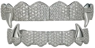 Abnehmbarer Zahnschmuck, Rapper-Zahnspangen im Hip-Hop-Stil, ice Diamond-Zahnspangen in Gold-/Silber-Ausführung, Geeignet für Rollenspielpartys(Silver)