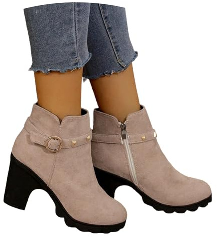 Mocka-ankelstövlar for Vintern Korta Stövlar Med Nit for Kvinnor Eleganta Ankelboots Med Blockklack 2025 Nya Stövlar Med Spänne Dam Vintage Ankelskor for Arbete, Utomhus, Fest(Beige,39 EU)