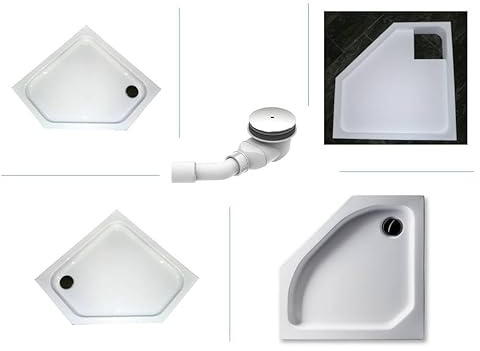 KOMPLETT-PAKET: Duschwanne fünfeck weiß aus Acryl, 90x90 oder 100x100cm / flach oder superflach + Styroporträger/Wannenträger + Ablaufgarnitur chrom DN 90 (weiß, 100 x 100 x 2,5cm)