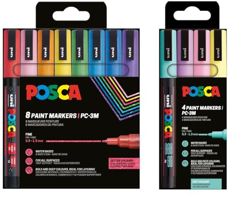 JP-JORPAY Set de 12 Rotuladores Punta Media – 8 Colores Purpurina + 4 Colores Pastel– Tinta Acrílica Permanente para Papel, Madera, Vidrio, Tela, Piedra y Más