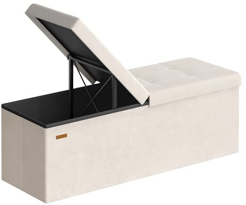 SONGMICS Mazie Collection - 43 Inches Storage Ottoman, Foldable Storage Bench with Flipping Lid, 660 lb Load Capacity, for Entryway, Living Room, Bedroom, Velvet Fabric, Cream White ULSF078LH01