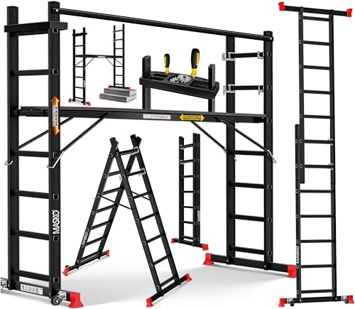 Masko Andamio de aluminio para andamios, escalera de apoyo, andamio, escalera, escalera, escalera, plataforma de trabajo, soporta hasta 150 kg, revestimiento antideslizante, escalera de andamios