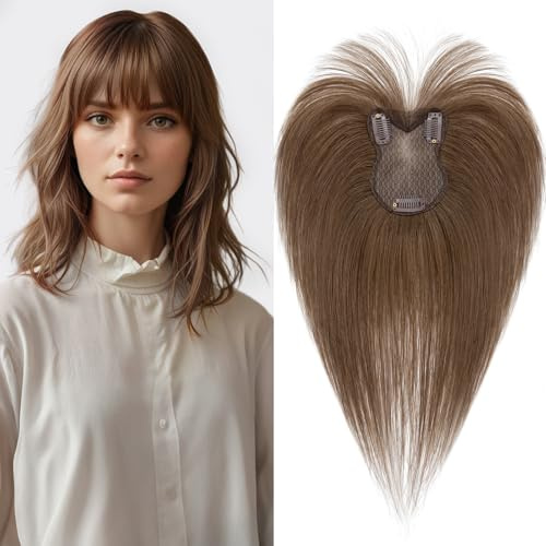 S-noilite Damen Toupet 100% Echthaar Remy Haarverlängerungen Clip in Topper - Toupets für Frauen mit Wispy Pony #4 Mittelbraun 21 Gramm