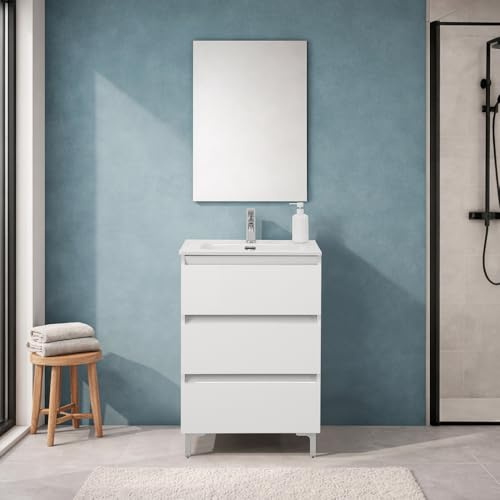 Inbagno Mobile Bagno A Terra 60 Cm Bianco Lucido Con 3 Cassetti Soft-Close, Lavabo In Ceramica – Mobile Bagno Completo Linea Leda