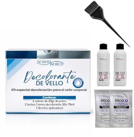 SesiomWorld Kit Decoloración Vello Corporal Profesional – 2 Cremas 20 Vol + 2 Sobres Polvo Decolorante + Brocha Aplicadora – Aclarado Seguro y Uniforme para Cuerpo