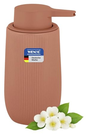 WENKO Seifenspender Mod. Fablo aus Keramik mit Rillenoptik, freistehend, 400 ml, Pumpspender für Bad, Gäste-WC oder Küche, geeignet für Flüssigseife und Spülmittel, braun matt