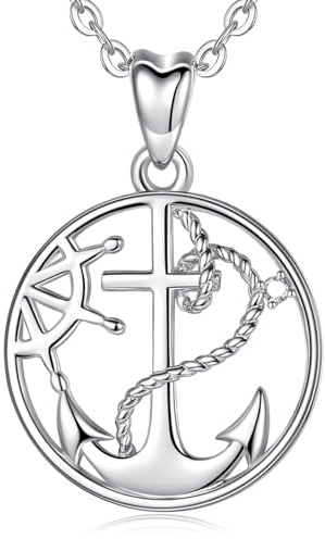 AEONSLOVE Anker Kette Halskette Anhänger Damen 925 Sterling Silber Runde Glück Kompass Schmuck, 46CM