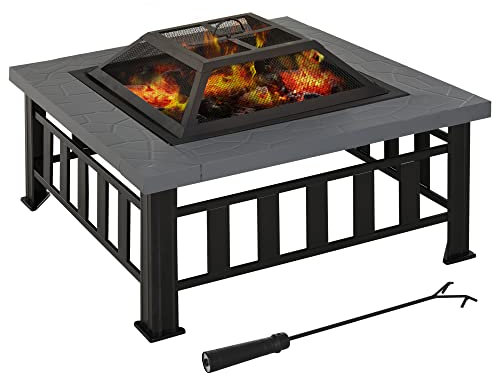 Outsunny Metal Large Firepit Outdoor Square Fire Pit Brazier w/Rain Cover, Lid, Log Grate, Poker for Backyard, Camping, BBQ, Bonfire, Wood Burning Stove, 86 x 86 x 54cm, Black