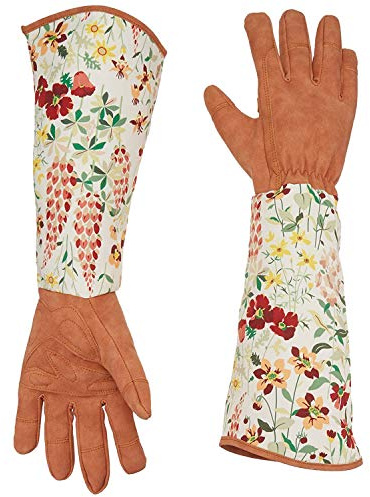 Ruibo Guantes de jardinería de piel con diseño de rosas antiespinas y manga larga resistentes a la perforación de poliéster para mujer