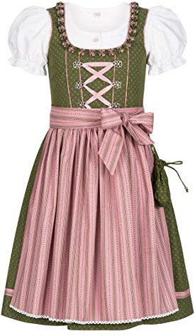 Nübler Dirndl Mädchen NABILA - 3-teiliges Set inkl. Dirndl Kleid, Trachtenbluse & Schürze in Oliv/Rosa, hochwertige bayerische Tracht, Bezauberndes Blumenmuster, ideal für Feste und Feiern