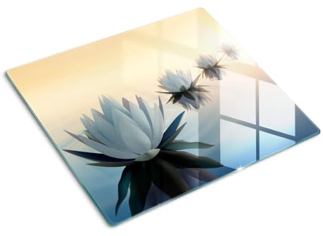 Planche à Découper en Verre Trempé 60x52 cm Pieds Antidérapants Symétrique Avec Impression Bords Polis Modernité Résistant à la Chaleur Contact Alimentaire Décoration - Fleurs de lotus