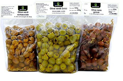 Tris Olive Quattrociocchi: Schiacciate, Verdi Denocciolate e Nere Grinze in Olio Extra Vergine di Oliva
