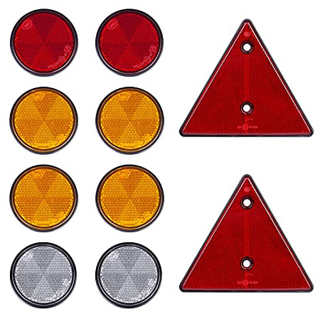 BEIJISTAR 2 x Rot Dreieck Reflektor mit Schraub Befestigung, 2 x Rot 4 x Gelb 2 x Weiß Rund Selbstklebend Reflektor, Anhänger Katzenauge Reflektor, für Torpfosten Zäune LKW RV Wohnwagen