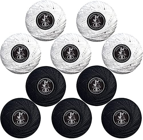 COLORED BIRD Häkelgarn, Größe 8, 2-lagiges Baumwollgarn, 10 Knäuel (weiß und schwarz)