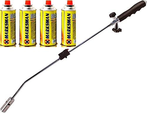 GREEN Powered Gas Weed Burner with Auto Ignition Weed Burner Gas Weed Killer with Adjustable Flame Butane Gas Canister Compatible Weed Wand Eco-Friendly Flame Thrower (Burner with 4 Canister)