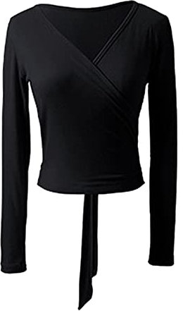 TSSOE Damen Ballettjacke Tanzjacke Bolero Langarm Tanzoberteil Wickeljacke Wickel Tops Ballett Tanz Yoga Gymnastik T-Shirt Tanzbekleidung Dancewear A Schwarz S