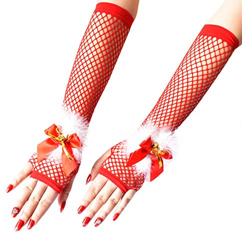 YJZQ Damen Lang Fischnetz Handschuhe Rot Fingerlose Fischnetz Weihnachtshandschuhe Netz Mesh Handschuhe Handschuhe Verkleidung Kostüm Party Lieferungen