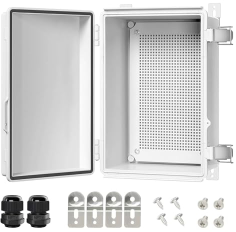 LeMotech Electrical Box, IP67 Waterproof Hinged Cover Stainless Steel Latch Junction Box, ABS Plastic Electrical Enclosure with Mounting Plate,Wall Brackets, Cable Glands,11.8x7.7x5.2,Grey