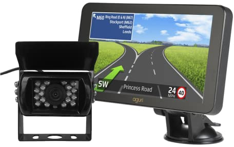 Aguri Motorhome & Caravan RV760 7 Motorhome and Caravan Sat Nav with Built-in Wi-Fi, full UK & European mapping plus Aguri wired roof mount reversing camera with 20m video cable bundle