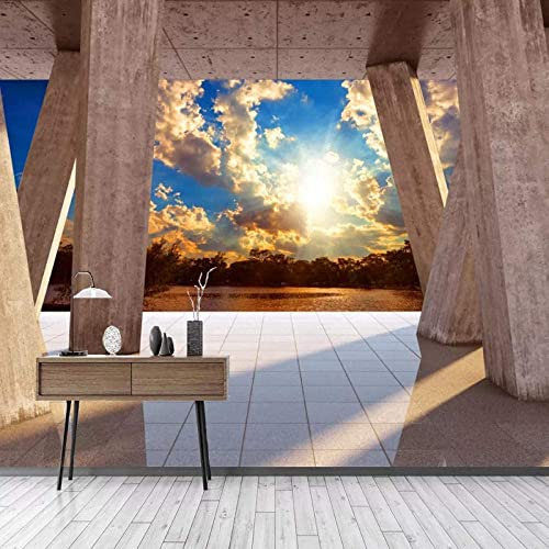 Paesaggio Del Sole Del Lago Con Pilastro Di Pietra In Stile Europeo Carta Da Parati 3D Murales, Foto Wallpaper Murales Decor Paintings, Adatto Per Il Soggiorno E C 200 (larghezza) x 150 (altezza) cm