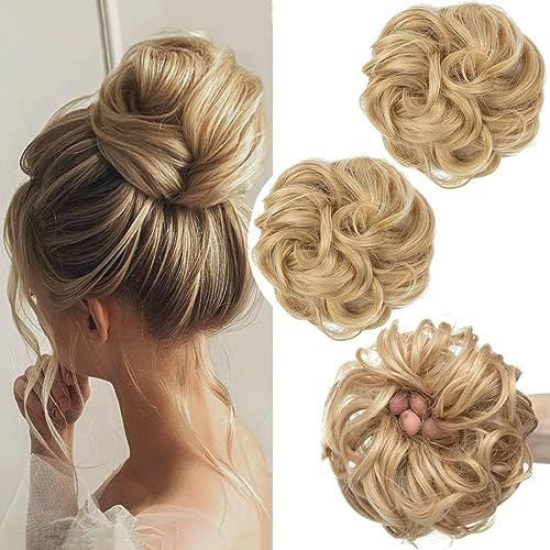 PORSMEER 2 Stücke Haarteil mit Gummiband Groß Dutt Haarteil Goldenes Blond Gelockt Haargummi mit Haaren Hochsteckfrisuren Haarverlängerung Messy Bun Scrunchies Haarteile für Damen Mädchen