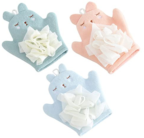 WOONEKY 3stücke Wiederverwendbare Handschuhe Cartoon Design Weiche Badehandschuhe Mit Sanftem Peeling Effekt Für Babyhaut Reinigung Und Massage Leicht Reisegeeignet in Blau Orange