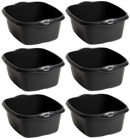 M1SS Set of 6 Large Rectangular 12 Litre Washing Up Bowl with Handles, Plastic Multi-Purpose Basin Mixing Sink Tidy Organizers Washing Up Bowl for Home, Kitchen Sink etc. Black, 12 liters