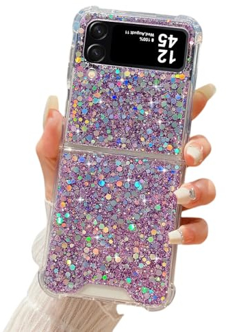 LCHULLE Designed for Samsung Galaxy Z Flip 4 Case,Girly Women Glitter Bling Bumper Shockproof Phone Case Ultra-Thin Hard PC Back Soft TPU Frame Cover for Samsung Z Flip 4 5G(2022)-Purple