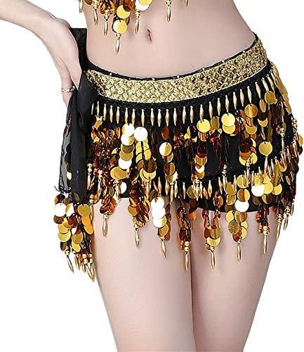 QUNINE Bauchtanz-Kostüm für Damen, Tanzzubehör, Pailletten-Bund, transparentes Garn, Perlen, Fransen, Bauchtanz-Gürtel, Münzen, Hüfttuch für Mädchen, Bauchtanz-Rock (Gold)