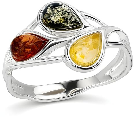 Anillo de plata de ley con ámbar tricolor – Joyería multipiedra de ámbar amarillo, verde y naranja – Tallas J-R disponibles, Metal Piedra preciosa, Ámbar