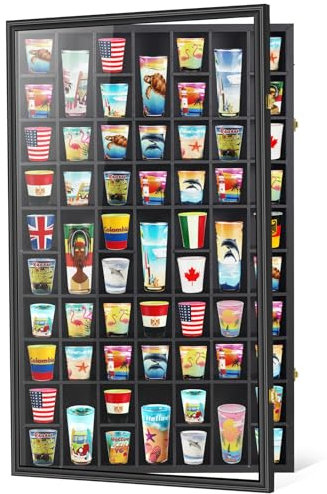 Black Shot Glass Display Case Large 61 Slots Glass Display Holder Wall Mounted Storage Shadow Box with UV Protection Acrylic Glass Door for Room Decor