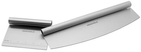 HENCKELS BBQ 2-pc Stainless Steel Pizza Cutter and Bench Scraper Set, Rocking Blade with Safety Guard and Measuring Scraper for Dough, BBQ and Baking