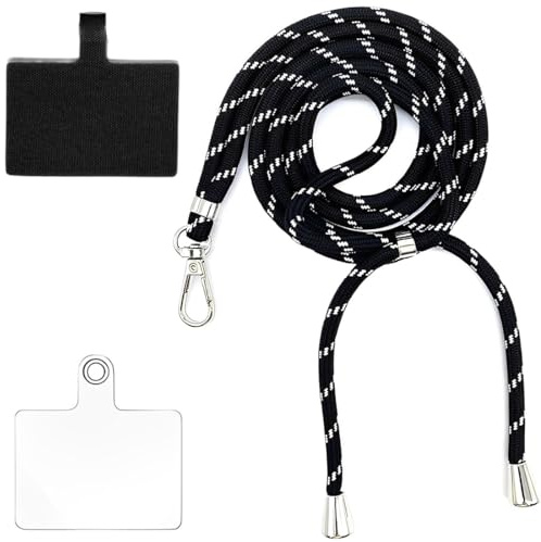 EIYVPRA Tour de Cou Telephone avec 2 Patchs, Universelle Cordon Telephone Portable, avec Plupart des Smartphones pour Cou et Poignet Laniere Réglable Collier Lanière Téléphone (noir et blanc)