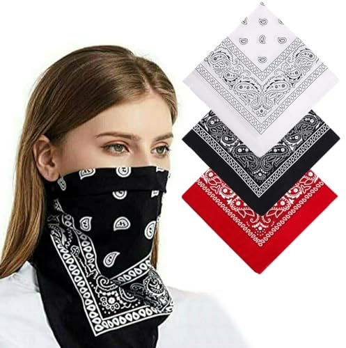 3er Set Bandanas für Damen und Herren, Nickitücher als Kopftuch oder Halstuch, Unisex Bindetücher als Headwear, Haarschal in Paisley Muster (55 x 55 cm, Rot, Schwarz, Weiß)