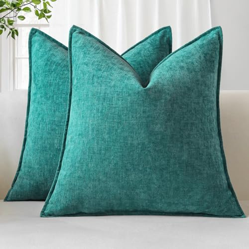 Sungeek Set med 2 mjuka chenille-kuddfodral 60 x 60 cm fyrkantiga dekorativa kuddöverdrag med sydd kant enfärgade kuddöverdrag för heminredning soffa bäddsoffa vardagsrum, blågrön