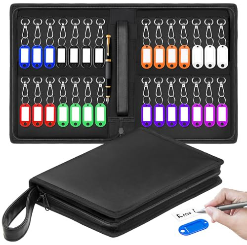 ENONEO Leather Key Storage Box Portable Key Organizer 28 Position Car Key Storage Bag Zippered Key Case Bag Wall Mount Key Cabinet Key Safe with 28 Key Tag Labels, for Real Estate Hotels Landlords