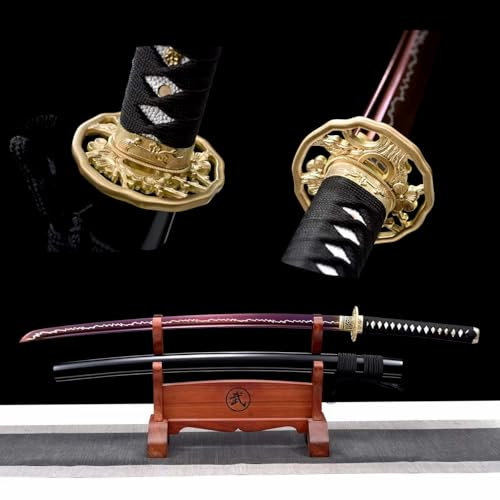 103cm Handgefertigtes Katana mit Naturholz Saya,geröstetem violettem Manganstahl Kling mit Blitzmuster,geschnitzte Tsuba aus reinem Kupfer,SamuraiSchwert für Geschenke,Sammeln,Ausstellen,Cosplay,Dekor