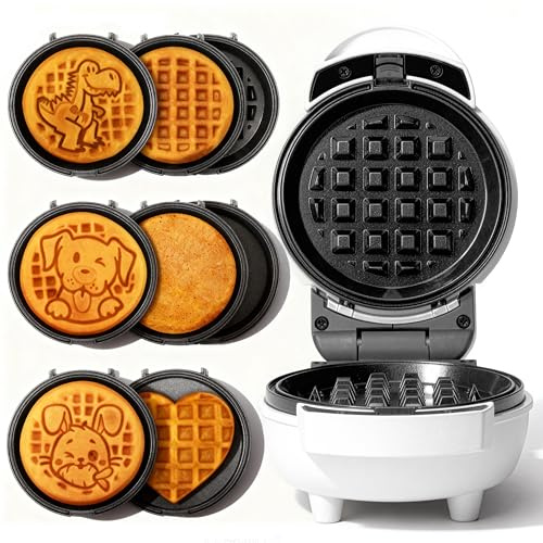 SugarWhisk 6-in-1 Mini Waffle Maker With Removable Plates, 4.5'' Mini Waffle Iron for Holidays, Parties & Events Waffle Maker Machine, 8 Plates with Premium Ceramic Coating, White