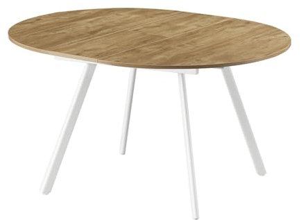 B&D home® runder Design Esstisch Till, ausziehbar 120–150 cm mit Butterfly-Einlage, 4–6 Personen, Tischplatte in Wildeiche Optik, Metallgestell weiß, moderner Küchentisch/Esszimmertisch