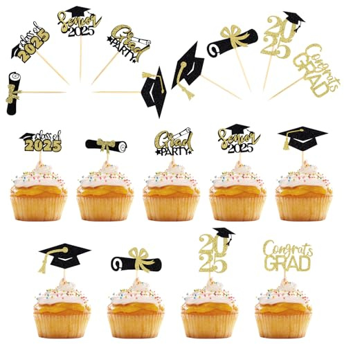 22 stycken examen cupcake-toppar, 2026 glitter finish tårtdekoration, möhippor hatt, kaka dekoration, examen tårta festtillbehör
