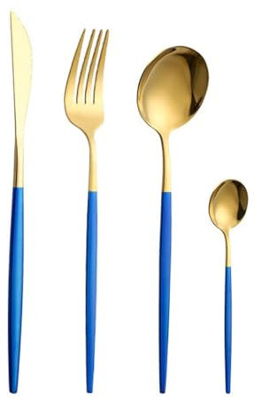 Set de couverts pour 6 personnes, 24 pièces, couverts en acier inoxydable durable, couverts en acier inoxydable Cromargan poli, brillant, passe au lave-vaisselle, bleu doré
