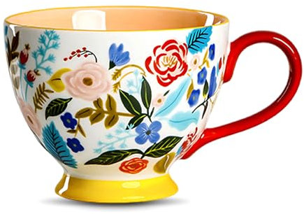 Keramik Tasse mit Handbemalt Blumenmuster, Groß Farbige Kaffeetasse 450ml, Porzellan Tasse Kaffee Becher für Capuccino, Milch, Kaffee, Tee, Süßes Geschenk (A)