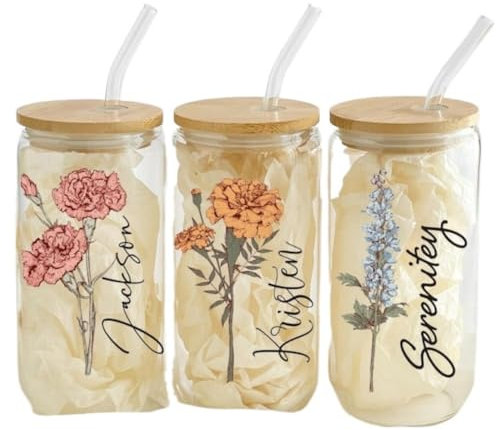 Tazze di vetro personalizzate con coperchi e cannucce, bicchiere da caffè in vetro, personalizzate per festa della mamma, matrimoni, compleanni, bicchieri da caffè ghiacciato (14,5 x 7 cm (450 ml))