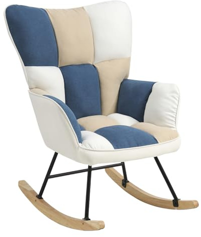 HaiYiZuhause Schaukelstuhl, Bequemer Stillsessel & Lesesessel, Relaxstuhl mit hoher Rückenlehne für Wohnzimmer, Schlafzimmer, Balkon oder Kinderzimmer, Moderner Schaukelsessel (Blau, Weiß, Khaki)